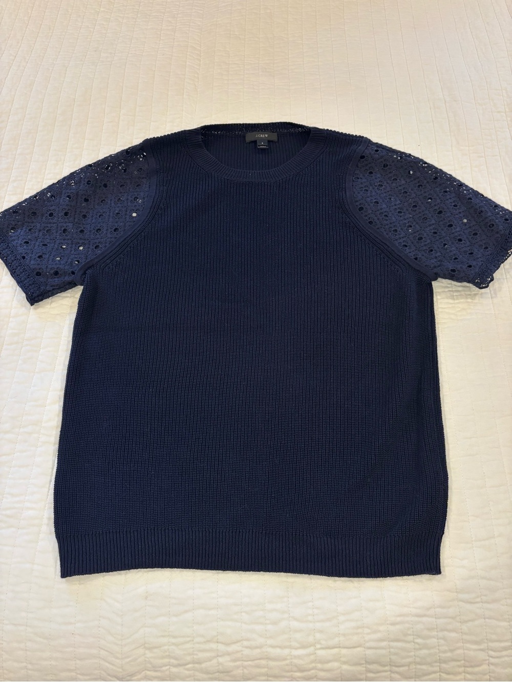 J. Crew Navy Knit Crewneck Swearer with Eyelet-Sleeve